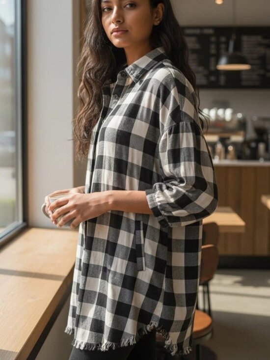 Risen Los Angeles Tops - New RISEN Los Angeles Buffalo Plaid Shacket Shirt Dress Raw Hem Sz Lg